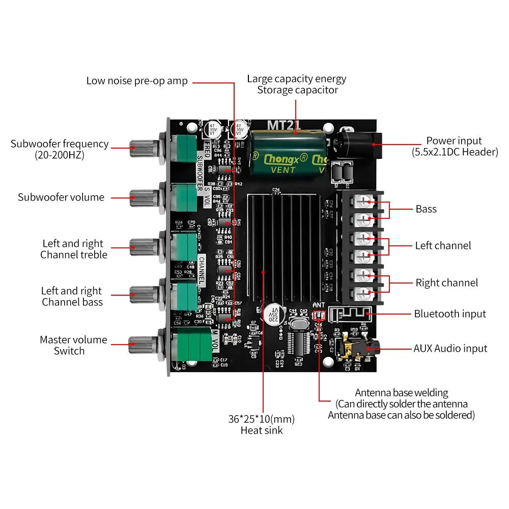 ZK-MT21 Bluetooth 5.0 2.1 Subwoofer Amplifier Board – CS8673E 50W×2 + 100W Stereo Bass Audio AMP with AUX Input