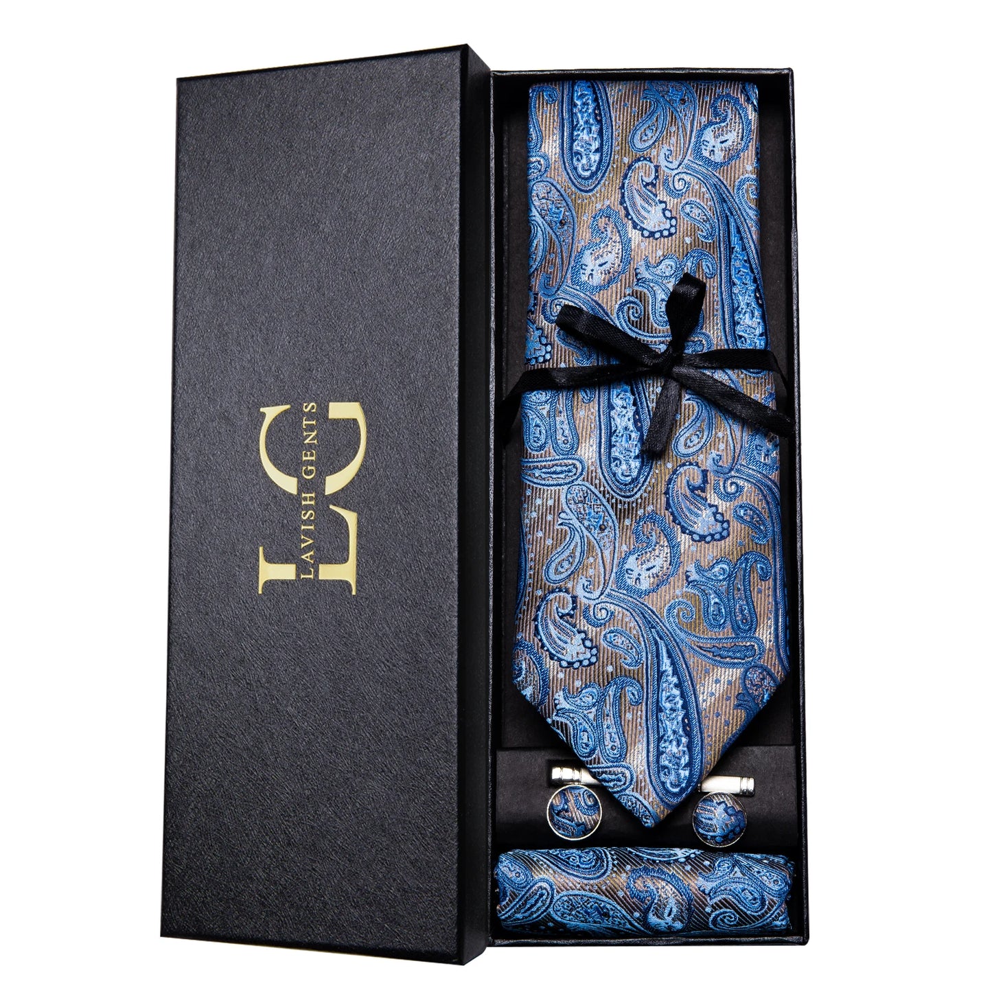Hi-Tie Luxury Paisley Teal Green Tie Set - Men’s Classic Necktie with Handkerchief & Cufflinks Gift Box for Wedding & Formal Wear