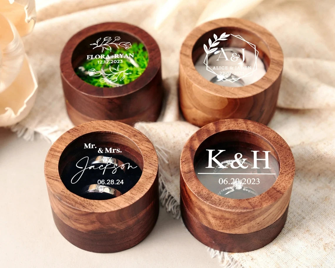 Custom Logo Wooden Ring Box – Engraved Walnut Wood Wedding & Engagement Box with Name & Date