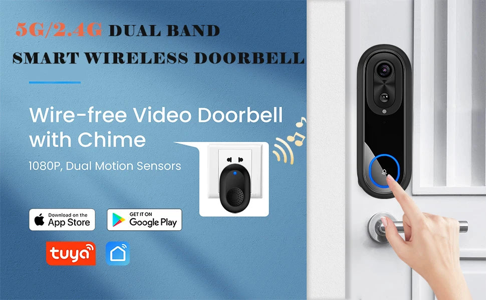 5G/2.4G WiFi 1080P Wireless Video Doorbell — Tuya App Smart Intercom, IP65 Waterproof, 7000mAh Battery