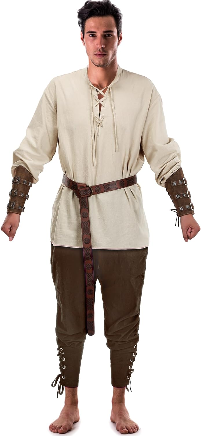 Jiuguva 4-Pcs Halloween Men's Renaissance Costume Set – Medieval Pirate Shirt, Ankle Banded Pants & Viking Belt Accessories