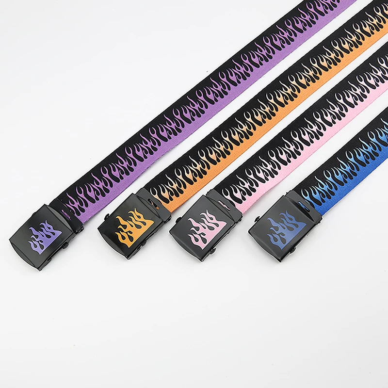 Hip Hop Fashion Canvas Belt – Personalized Flame Design, Casual & Punk Cowboy Belt for Men & Women