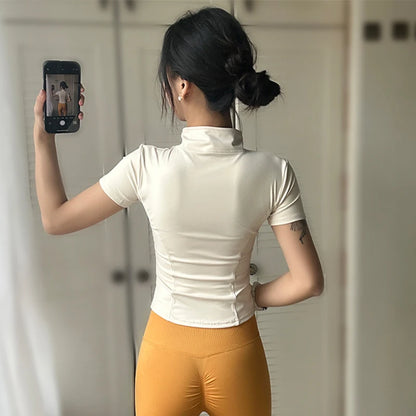 Women’s Waist Slimming Yoga Training Top – Quick-Dry Short Sleeve Zip-Up Stand Collar Fitness Shirt for Summer Workout & Sports