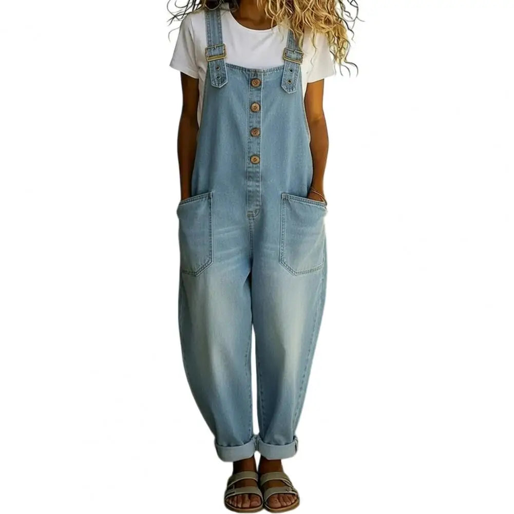 Women's Denim Bib Overalls - Relaxed Fit Wide Leg Vintage Jumpsuit Pants with Button Front Design