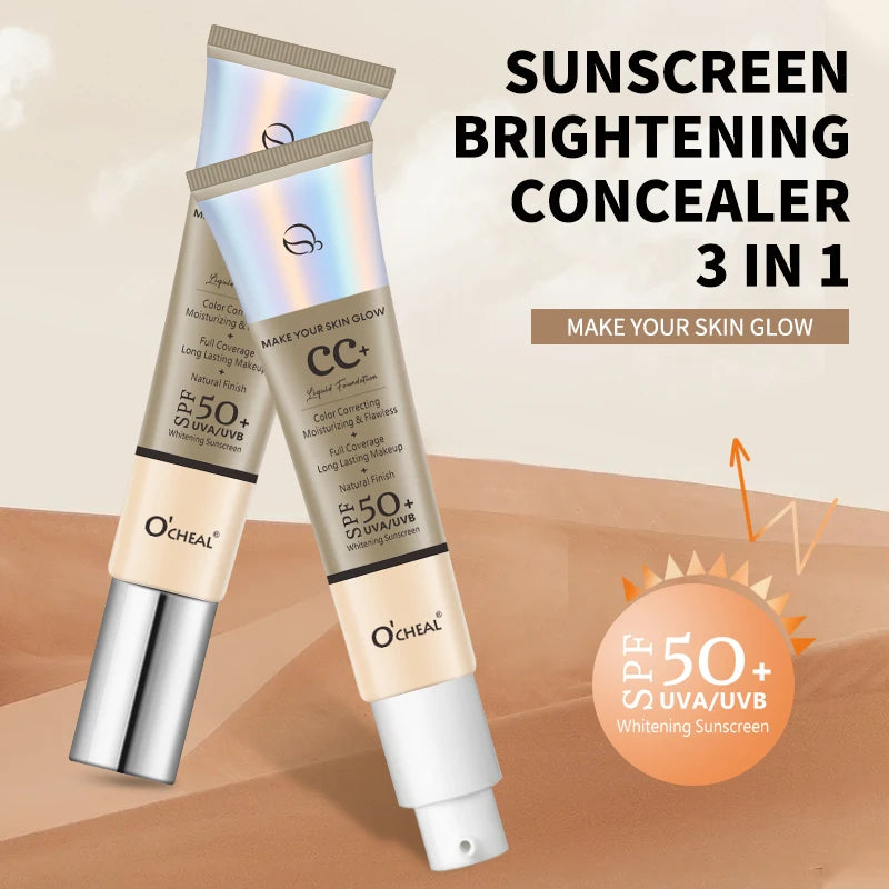 Ocheal CC Cream Foundation 30g SPF 50+ – Waterproof Moisturizing Concealer, Long-Lasting Brightening Makeup Primer with Sunscreen