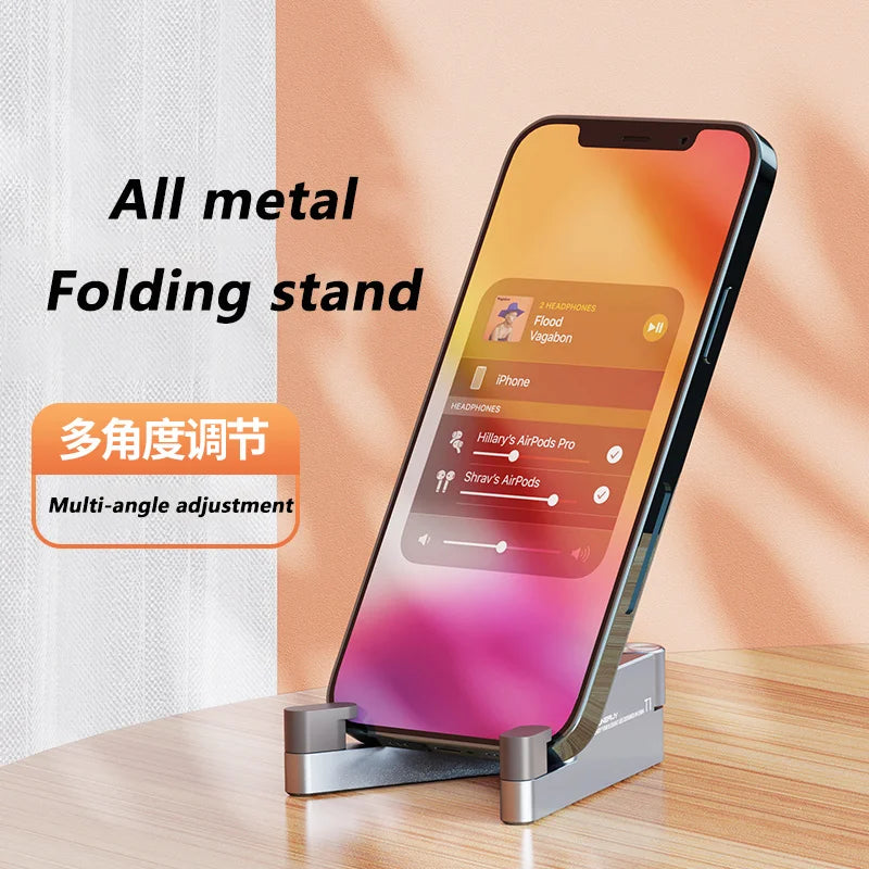Compact T1 Universal Aluminum Folding Desk Mount Holder: Portable Mini Size Bracket Stand for Mobile Phones - Convenient Cradle for Cellphones