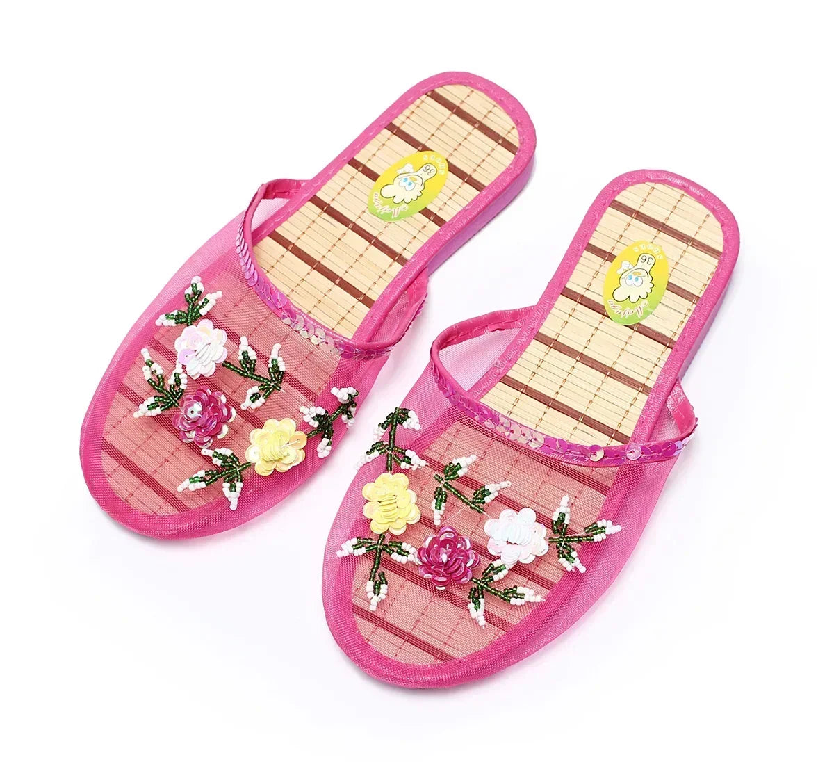 Women’s Sequin Mesh Indoor Slippers – Summer Hollow Flat Beach Flip Flops with Creative Flower Design