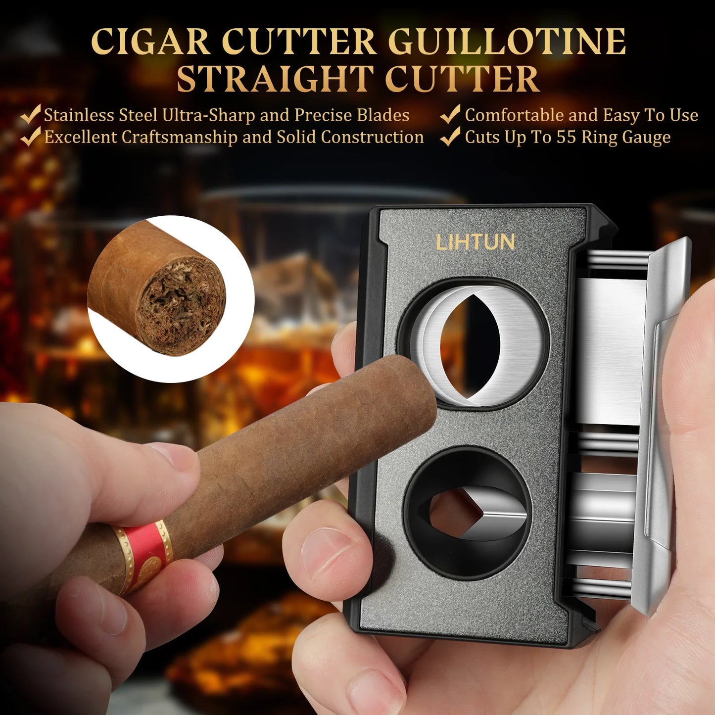 4-in-1 Cigar Cutter Guillotine – Straight Cut, V Cutter, Punch & Draw Enhancer, Stainless Steel Cigar Clippers