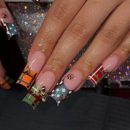 24PCS Y2K Sweet Stars Press-On Nails - Blue Brown Striped French Style Autumn Vintage Wave Point Fake Nail Set