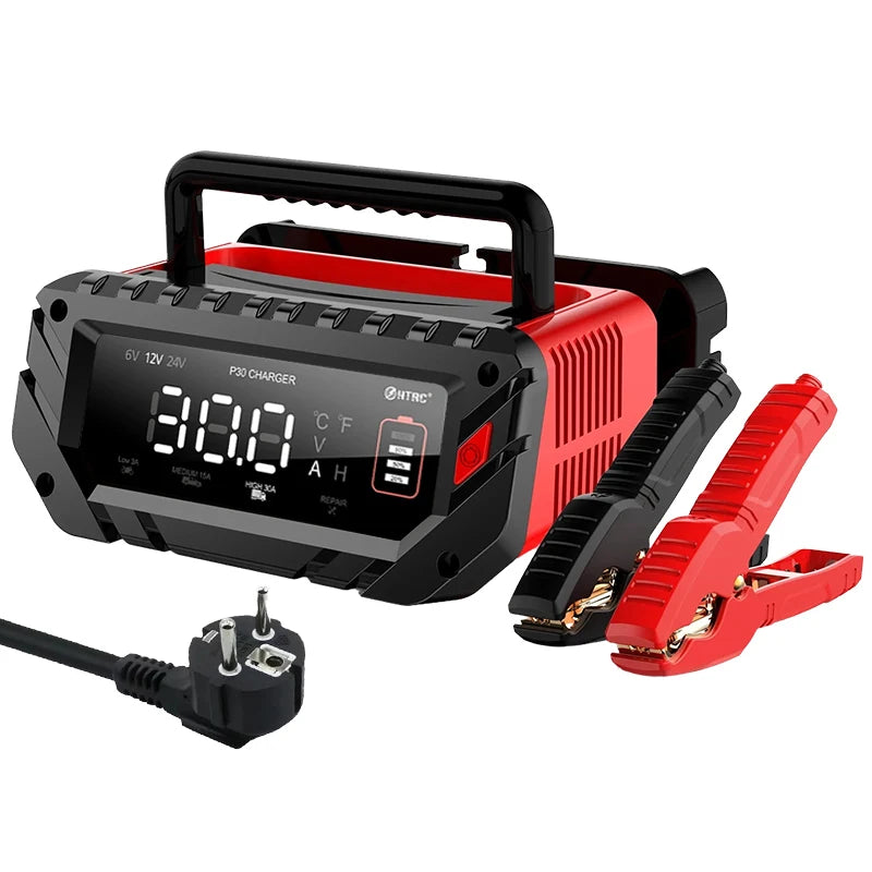 12V/30A & 24V/16A Smart Car Battery Charger — 6V/10A Motorcycle Battery Repair for AGM, GEL, Lithium & LiFePO4 Batteries