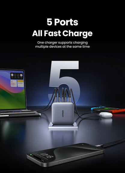 UGREEN 100W GaN 5-Port USB-C Charger – Fast Charger QC4.0/3.0 PPS for MacBook, Laptop, iPhone 16/15/14 Pro, Tablet