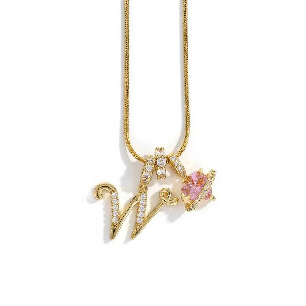 Gold Zircon Flower Letter Necklace - A-Z Alphabet Pendant Jewelry Gift for Women