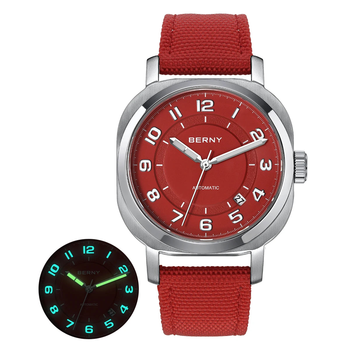 BERNY Women’s Mechanical Watch — Self-Wind Pillow Cushion Design with Sapphire Crystal, Super Luminous Display, Canvas Strap, and Calendar Function