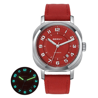 BERNY Women’s Mechanical Watch — Self-Wind Pillow Cushion Design with Sapphire Crystal, Super Luminous Display, Canvas Strap, and Calendar Function