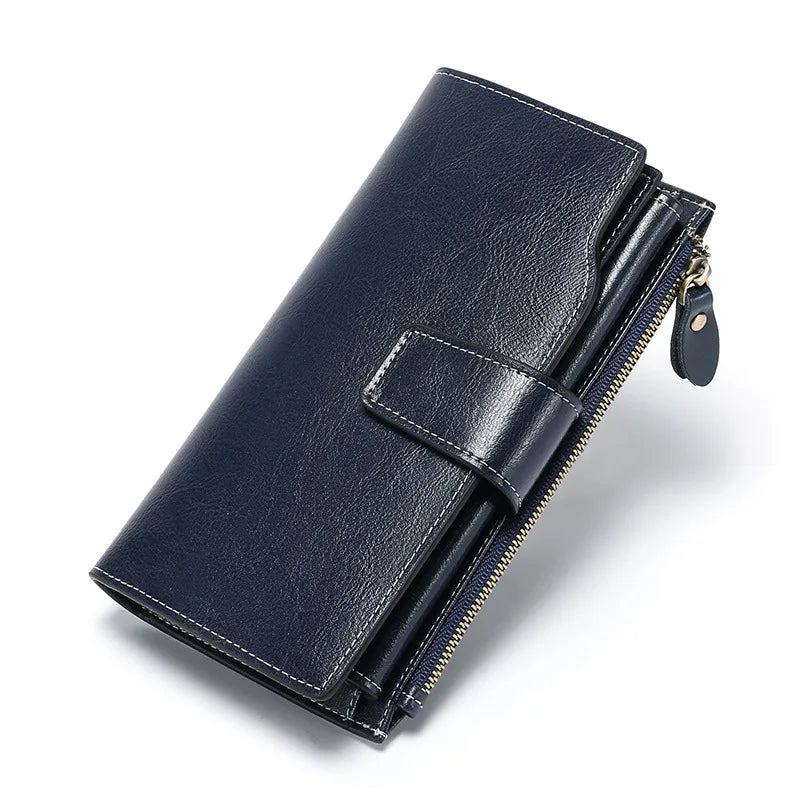 2024 New RFID Long Women’s Wallet — Genuine Leather Clutch with Zipper Coin Pocket, Card Holder & Printed Design