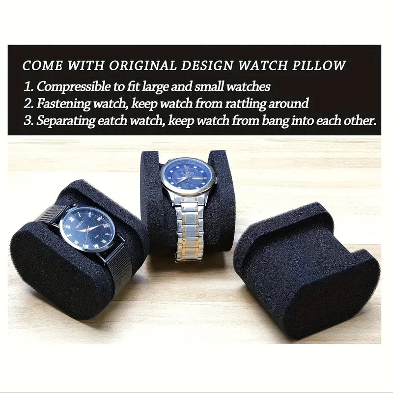 Black Watch Storage Box - Hard Protective Case with Velvet Lining and Soft Pillows for Jewelry & Watch Organization