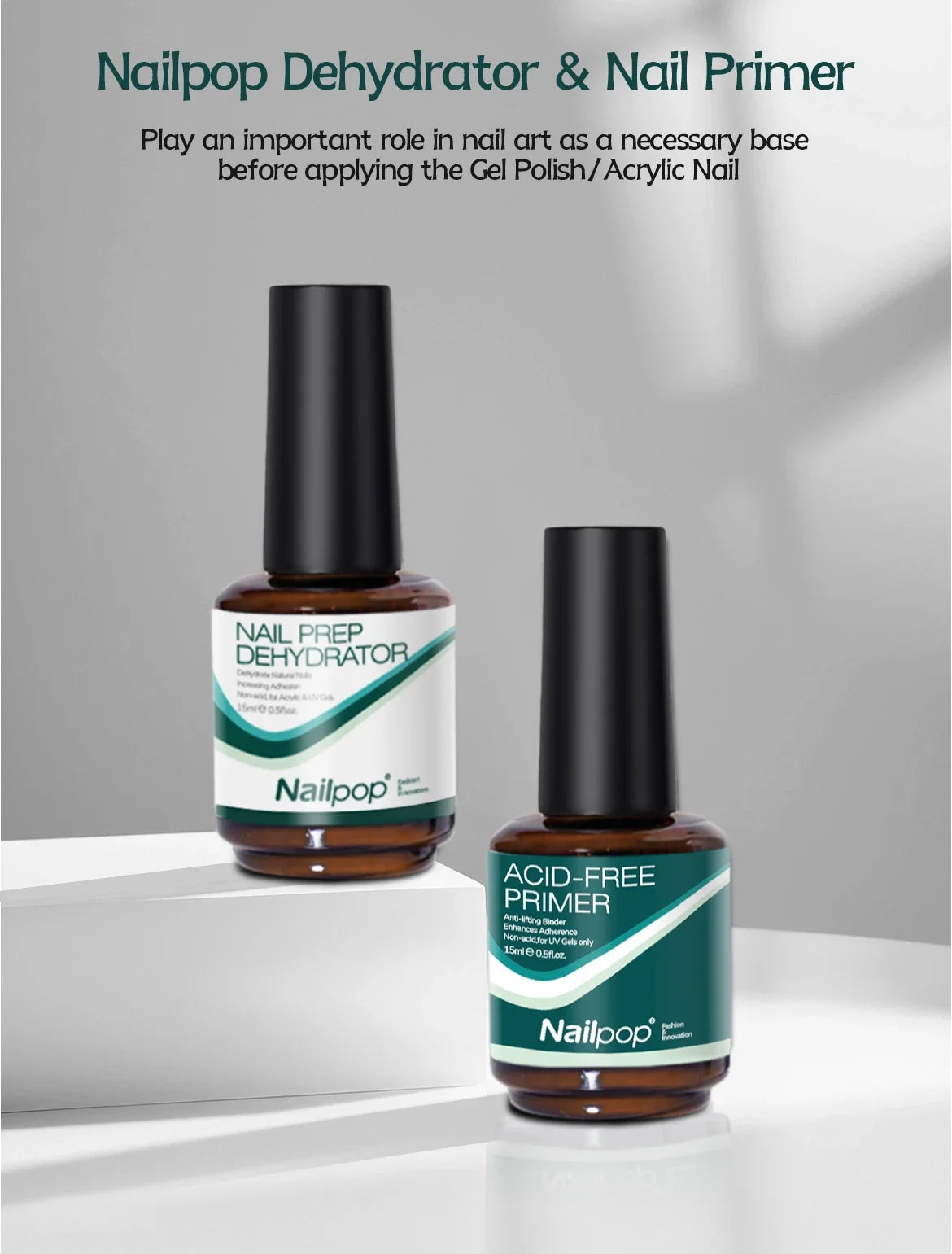 Nailpop Nail Dehydrator & Primer — Acid-Free Natural Nail Prep for Acrylic & UV Gel, Fast Dry Superior Bonding Set