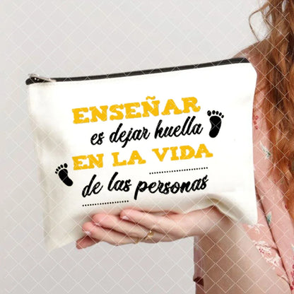 Spanish Printed Teacher Life Makeup Pouch - Pencil Case, School Stationery Storage Bag, Travel Organizer and Gift