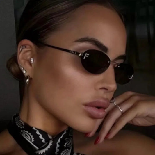 Diamond Letter "F" Rimless Sunglasses | Women’s Luxury Metal Frame Black Oval UV400 Shades