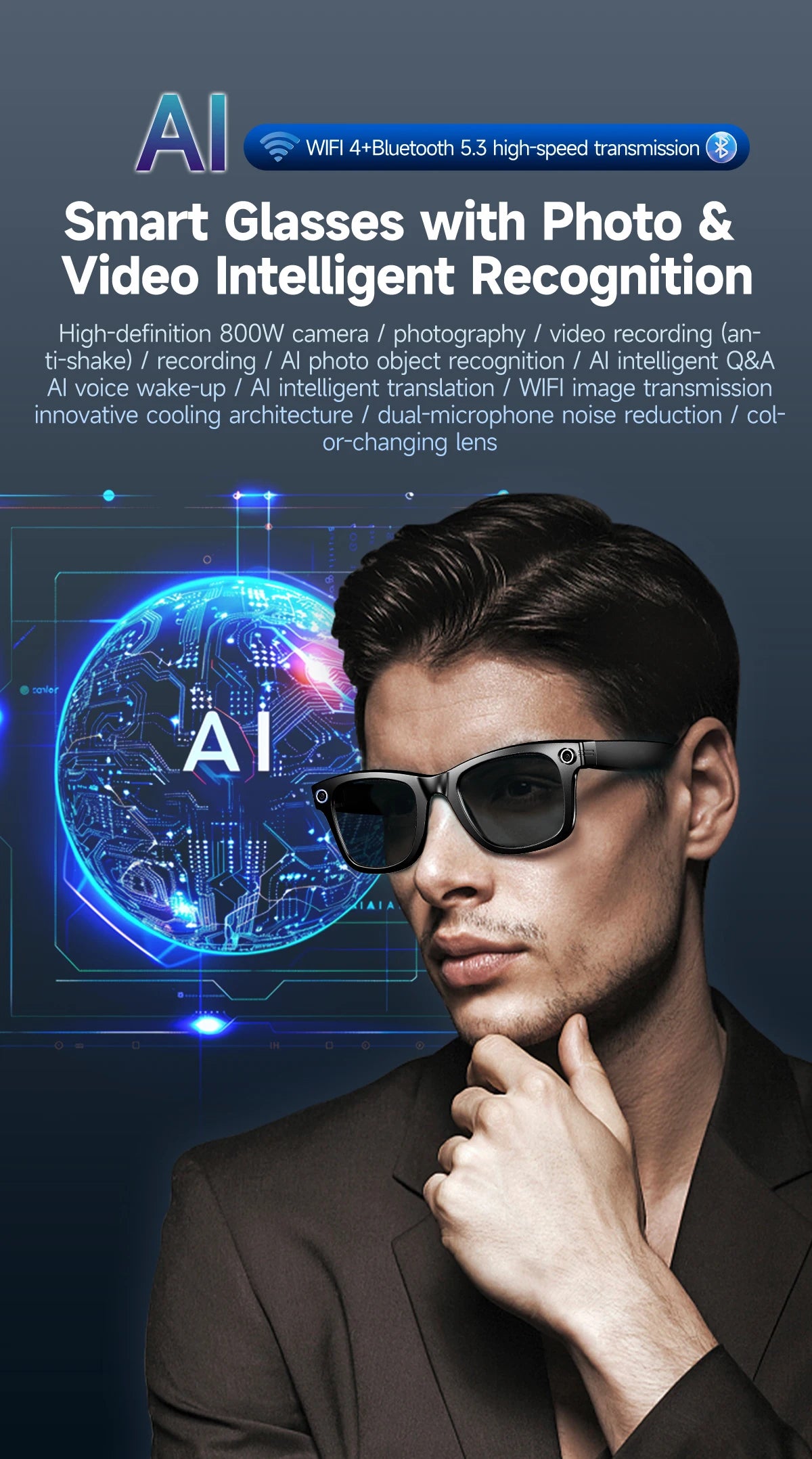 2025 Smart Glasses — Bluetooth Camera, Video Recording, AI Photo Recognition, 100+ Language Translation, Music Player for Men and Women
