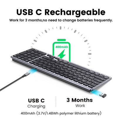 UGREEN Wireless Bluetooth 5.0 & 2.4G Keyboard – 99 Keycaps Russian/Korean/English, USB-C Rechargeable for MacBook, iPad, PC & Tablet