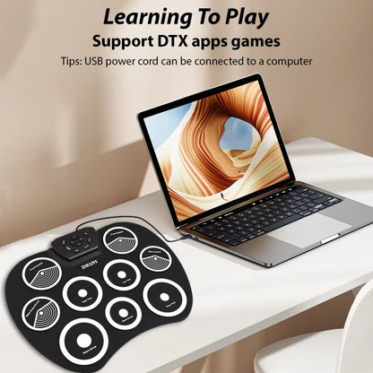 Portable 9-Pad Electronic Drum Set with MIDI – Roll-Up Digital Drum Kit with Pedals & Drumsticks