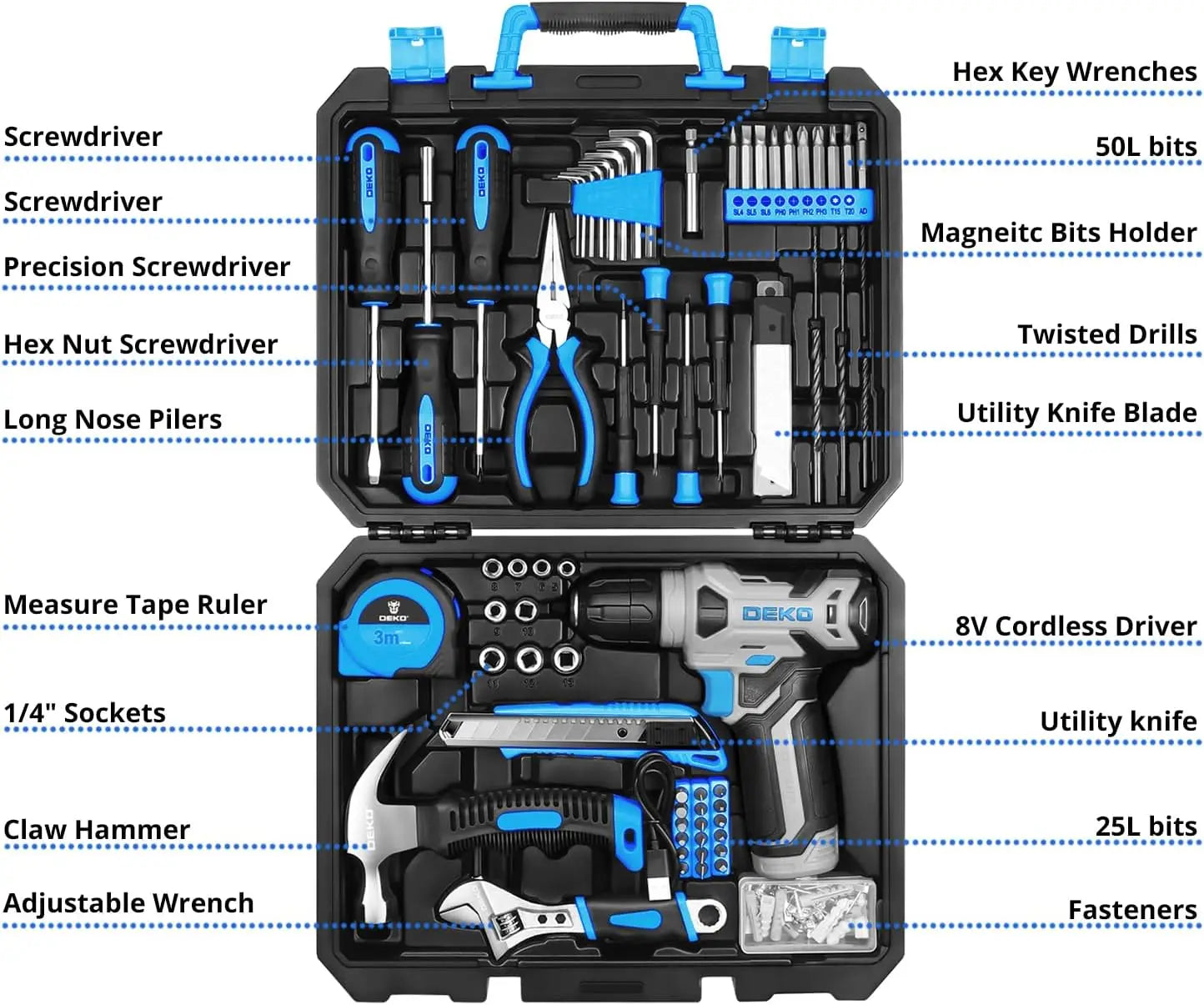 DEKO 126-Piece Drill Set – 8V Blue Cordless Drill & Hand Tool Kit for Home, Ideal for Women