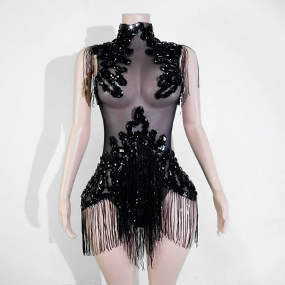 Sexy Shiny Silver Sequin & Black Spandex Jumpsuit — 2025 Women’s Prom, Dancer & Stage Performance Costume