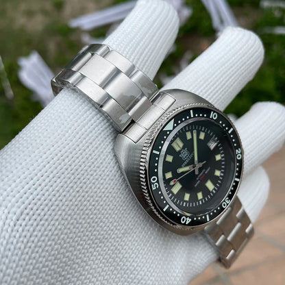 Steeldive SD1970 Men’s Automatic Dive Watch — 200M Waterproof, White Date Background, AR Coating Sapphire Glass, NH35 Black Dial Turtle Design