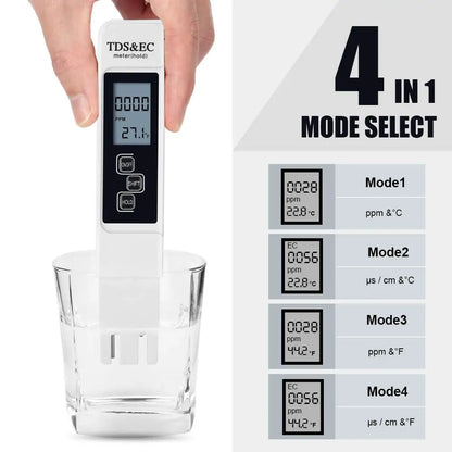 White Digital Water Quality Tester - TDS EC Meter, Multifunctional Water Purity & Temperature TEMP PPM Tester (0-9990 Range)