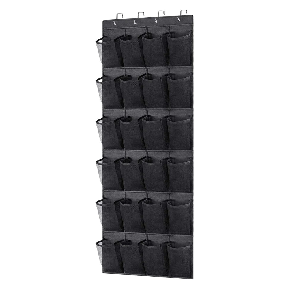 24-Pocket Clear-View Hanging Shoe Organizer with 4 Metal Hooks — Over-the-Door Wall Storage Bag