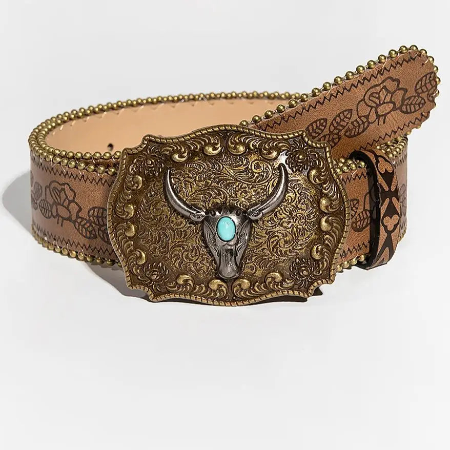Vintage Gemstone Buckle Waist Belt - Leopard Floral Embossed Design with Pearl Edge for Women