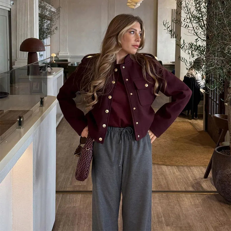 2025 Women's Burgundy Woolen Coat – Fashion Stand Collar, Puff Sleeves, Oversized Elegant High Street Jacket