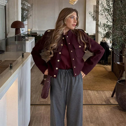 2025 Women's Burgundy Woolen Coat – Fashion Stand Collar, Puff Sleeves, Oversized Elegant High Street Jacket