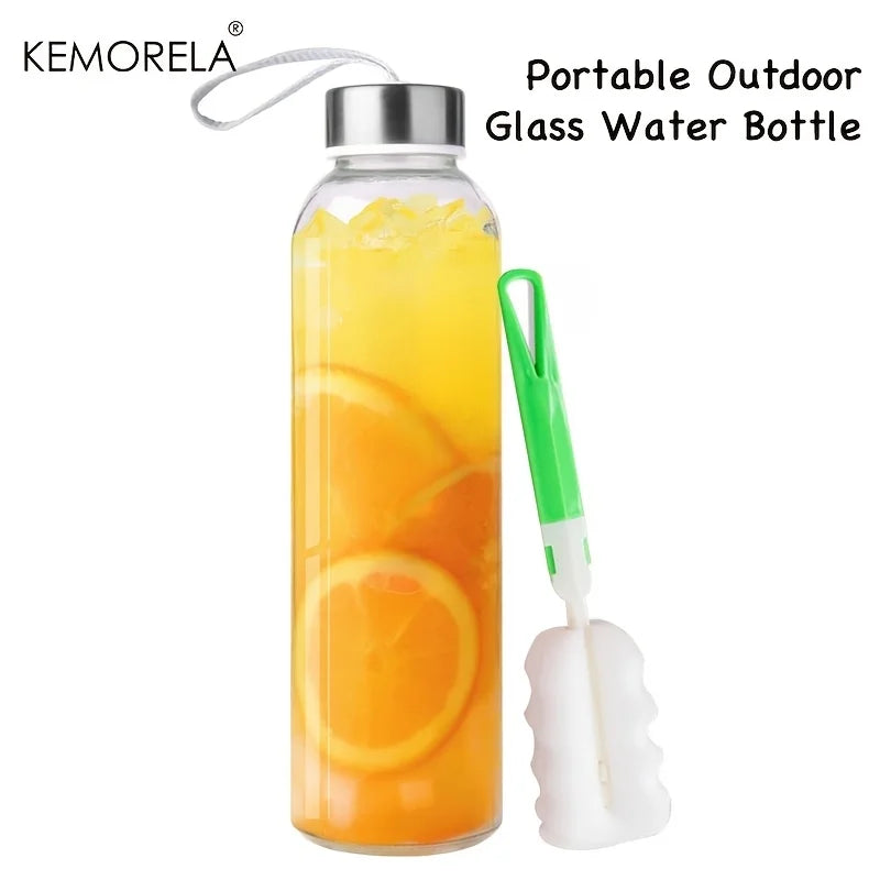 Glass Sports Water Bottle - 500/750/1000ML Juice & Coffee Bottle with Carry Strap and Cleaning Brush
