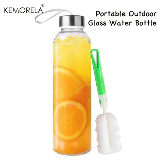 Glass Sports Water Bottle - 500/750/1000ML Juice & Coffee Bottle with Carry Strap and Cleaning Brush