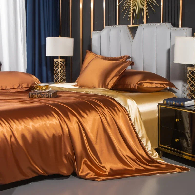 Nordic Silk Bedding Set With Duvet Cover - Luxury Solid Color Bed Sheet & Pillowcase Set For Single Double Couple Summer Bed Linen