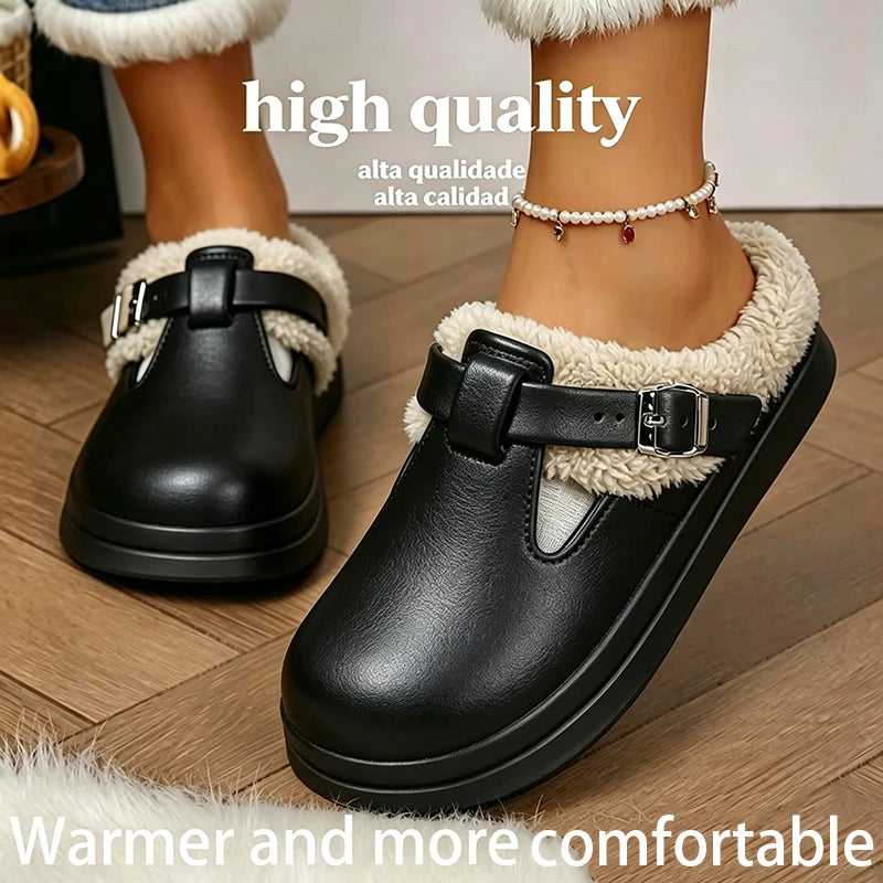 Women’s Winter Plush Mules Slippers - Waterproof EVA Furry Slides with Warm Lining, Metal Buckle & Non-Slip Sole