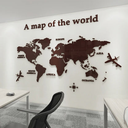 3D Acrylic World Map Wall Stickers – Three-Dimensional Mirror Decals for Bedroom & Office Decoration