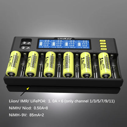 LiitoKala Lii-S12/Lii-S8 Battery Charger – LCD 18650, 21700, 26650, 26700, 20700, 18350, 9V IMR, NiMH/Cd, AA & AAA Rechargeable Batteries