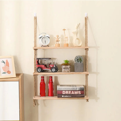 Wooden Floating Shelves for Wall | 1/2/3-Tier Plant and Flower Storage with Swing Hanging Rope | Home Living Room Decor