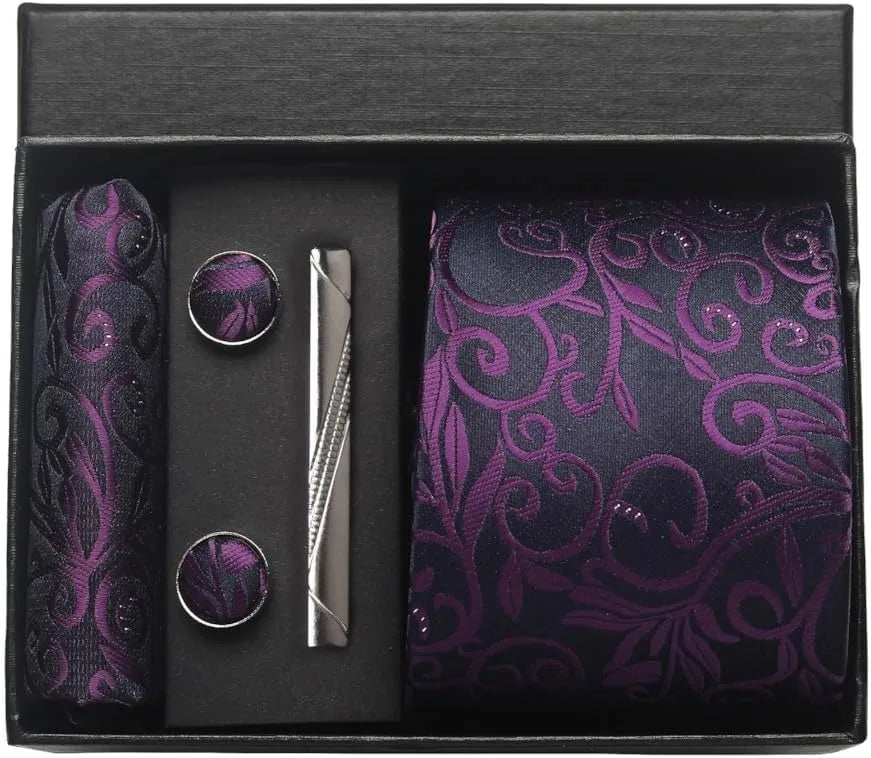 100% Silk Men’s Necktie Set with Paisley Floral Design, Business Tie with Pocket Square, Tie Clip & Cufflinks Gift Box Set for Men