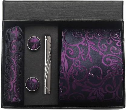 100% Silk Men’s Necktie Set with Paisley Floral Design, Business Tie with Pocket Square, Tie Clip & Cufflinks Gift Box Set for Men