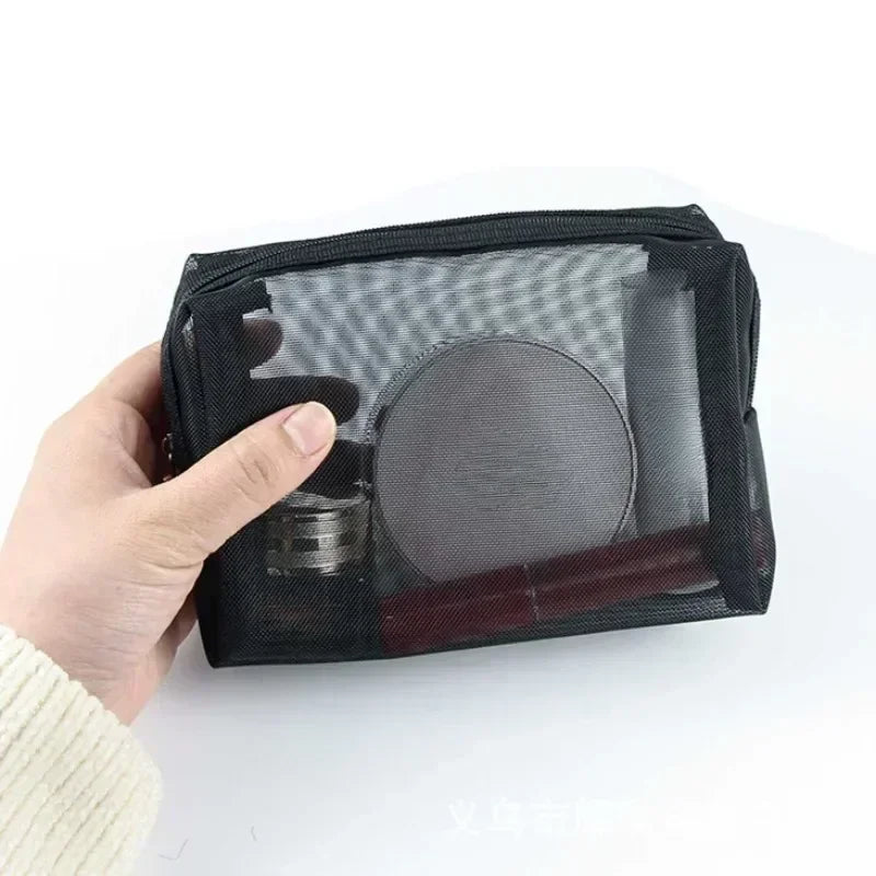Transparent Mesh Zipper Cosmetic Bag – Fashionable Black Toiletry Organizer, Small & Large Makeup Pouch for Women