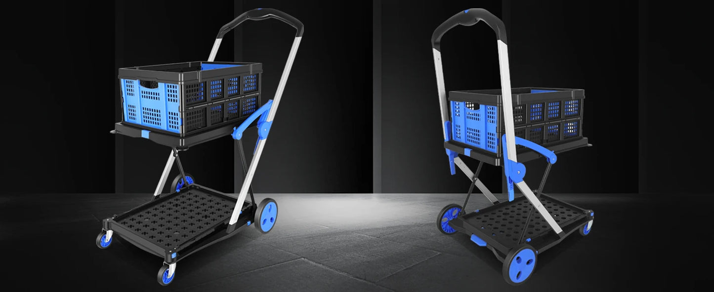 Collapsible Multi-Use Utility Cart — Adjustable Folding Shopping Trolley with Storage Crate, Lightweight Moving Cart