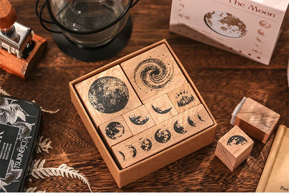 Yoofun 7-Piece Vintage Moon & Plant Wooden Stamps — Rubber Stamps for Scrapbooking, DIY Craft & Stationery