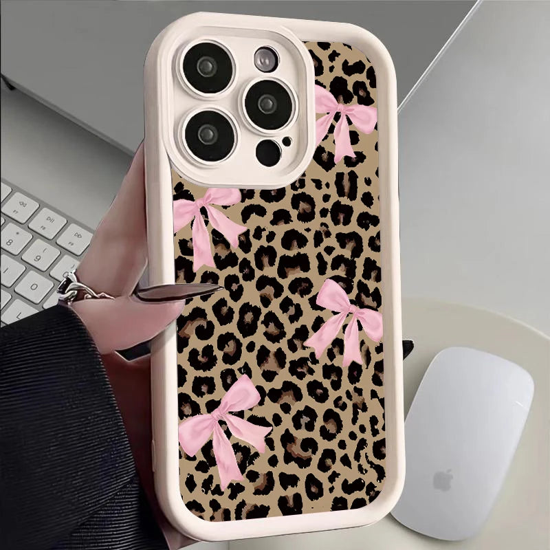 Leopard Print Bow iPhone Case - Waterproof Shockproof Anti-Scratch Cover for iPhone 11-17 Pro Max, Plus & Air Series