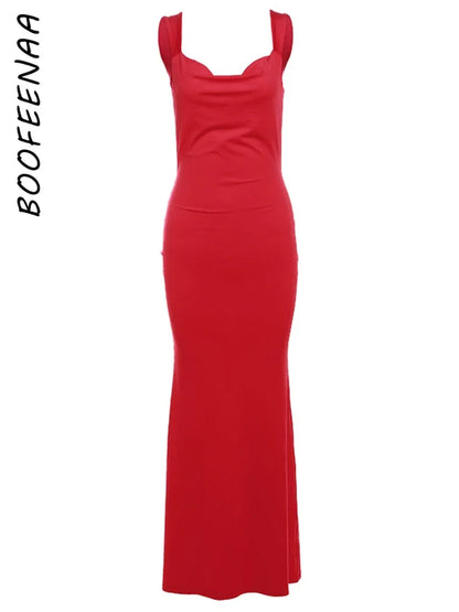 BOOFEENAA Sexy Bow Backless Maxi Dress for Women – Elegant Long Party Dress, Black & Red Birthday Outfit Fashion 2024 Model C83-CZ27