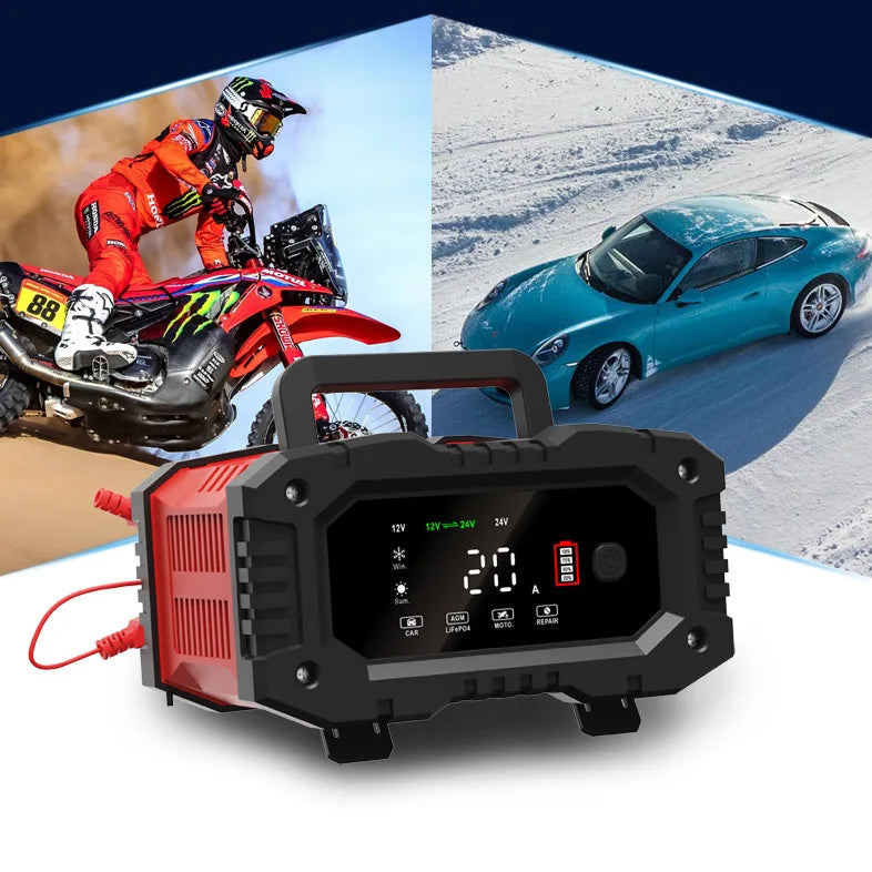 12V/24V Fully Automatic Smart Battery Charger — 7-Segment Pulse Repair for AGM, GEL, WET Lead-Acid Car Batteries