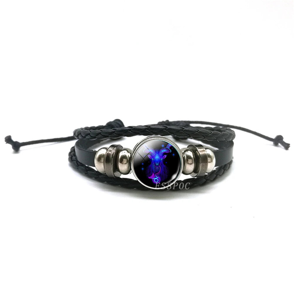 Men’s Zodiac Sign Leather Bracelet | 12 Constellation Black Braided Wrap | Punk Style Multilayer Bracelet for Birthday Gifts